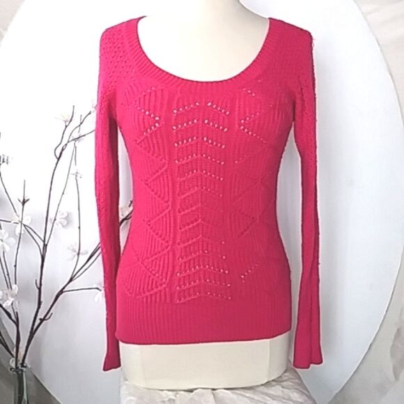 SO Sweater Hot Pink Metallic Thread Scoop Neck Tunic Hi Low Split Hem Y2… - Picture 2 of 15